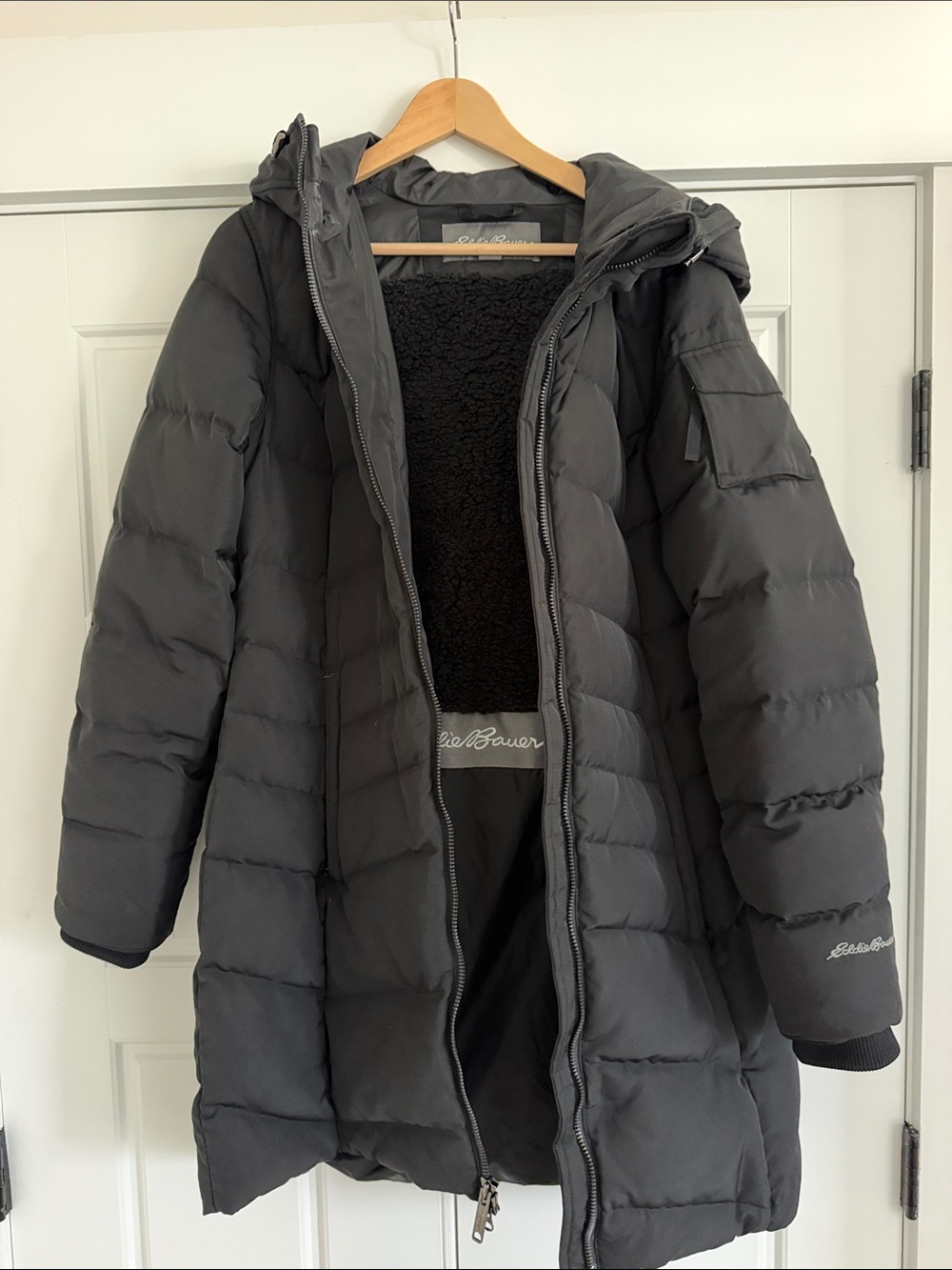 Eddie Bauer Long Black Quilted Puffer Coat with Hood - Large Tall